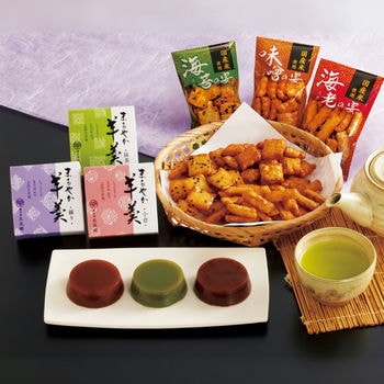 緑茶・あられ・羊かん詰合せ（煎茶・玄米茶各80g入）